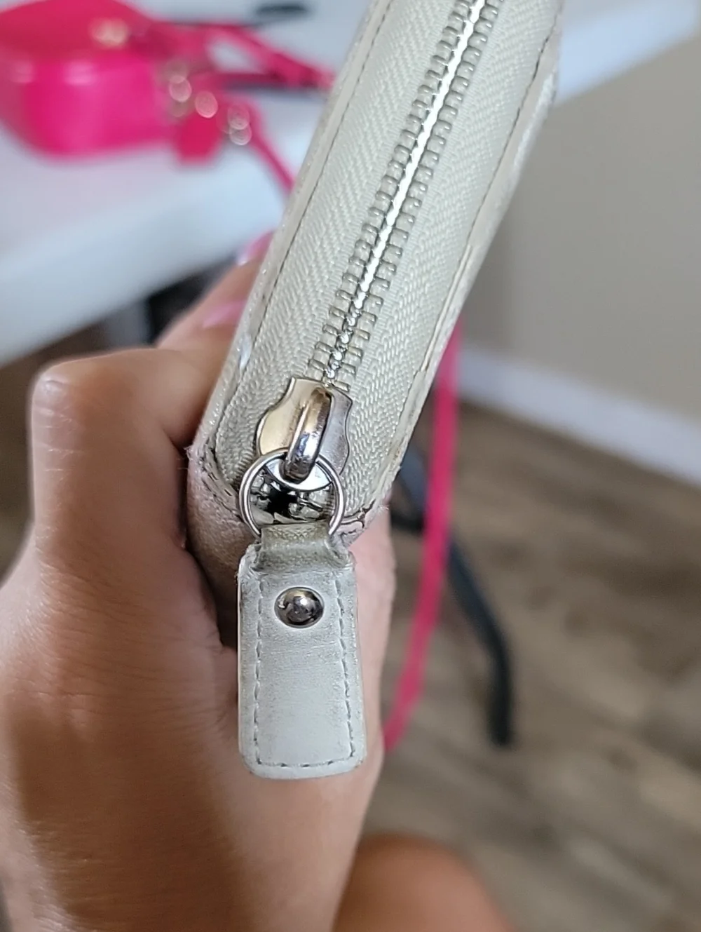 Coach Beige OP Art Signature Zip Wallet with Cream Center Stripe